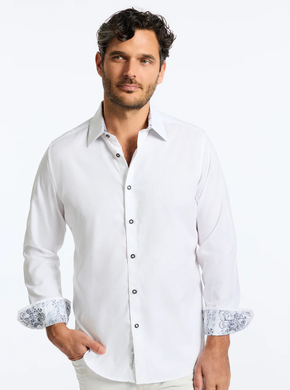 robert graham white dress shirt Robert Graham White Dress Shirt Long Sleeve Cotton Smart-Casual Size XL Preppy