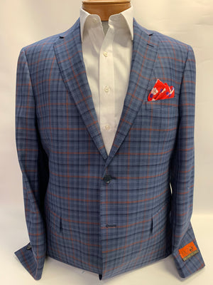 Enzo Super 150 Wool Sport Coat - Blue Tonal w/ Red Plaid - 86971-1