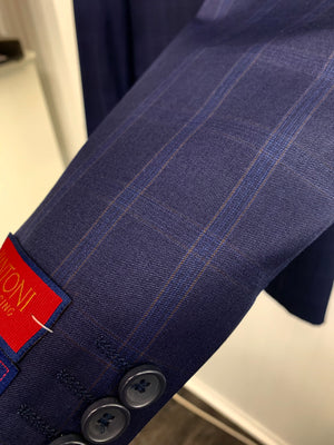 Mantoni Super 140 Wool Suit- 87178-2 (Navy w/ Tan & Blue Windowpane)