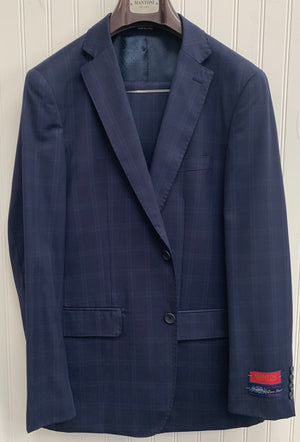 Mantoni Super 140 Wool Suit- 87178-2 (Navy w/ Tan & Blue Windowpane)